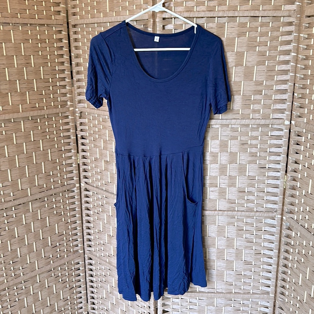 Navy Blue Short Sleeve Pocket Dress - S, Wmns
